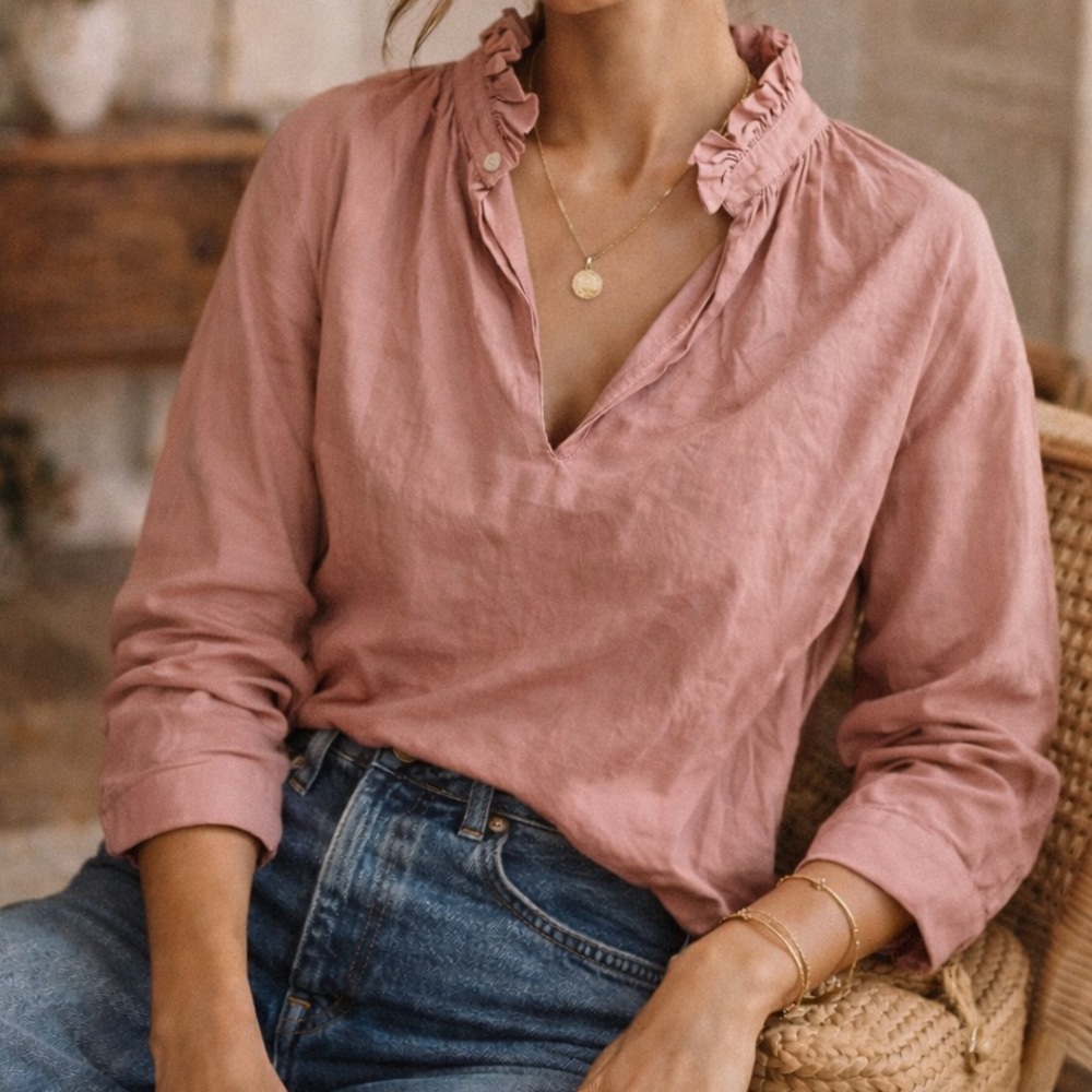 Ruffled V-Neck Long Sleeve Blouse - Dusty Rose